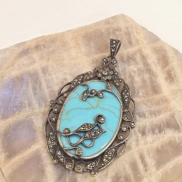 Turquoise & Marcasite Sterling Silver Pendant Floral & Leaf Design 925
